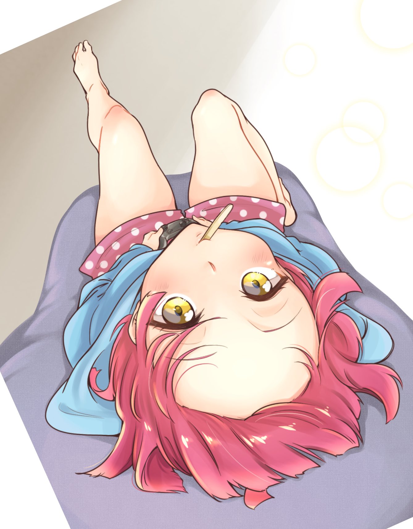 1girl, asagi_874, bangs, blue_hoodie, blunt_bangs, blunt_ends, blush, commentary_request, controller, forehead, from_above, game_controller, highres, holding, holding_controller, holding_game_controller, hood, hoodie, joystick, legs, long_sleeves, looking_up, love_live!, love_live!_nijigasaki_high_school_idol_club, pink_hair, pink_shorts, polka_dot, polka_dot_shorts, short_hair, shorts, sitting, solo, tennoji_rina, thighs, yellow_eyes