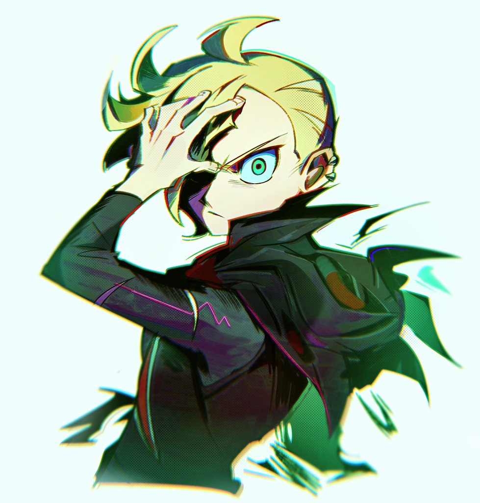 1boy, ahoge, bangs, black_shirt, blonde_hair, closed_mouth, commentary_request, fmpkm666, from_side, gladion_(pokemon), green_eyes, hand_up, hood, hood_down, hooded_vest, hoodie, korean_commentary, male_focus, pokemon, pokemon_(game), pokemon_sm, shirt, short_hair, simple_background, solo, upper_body, vest, white_background