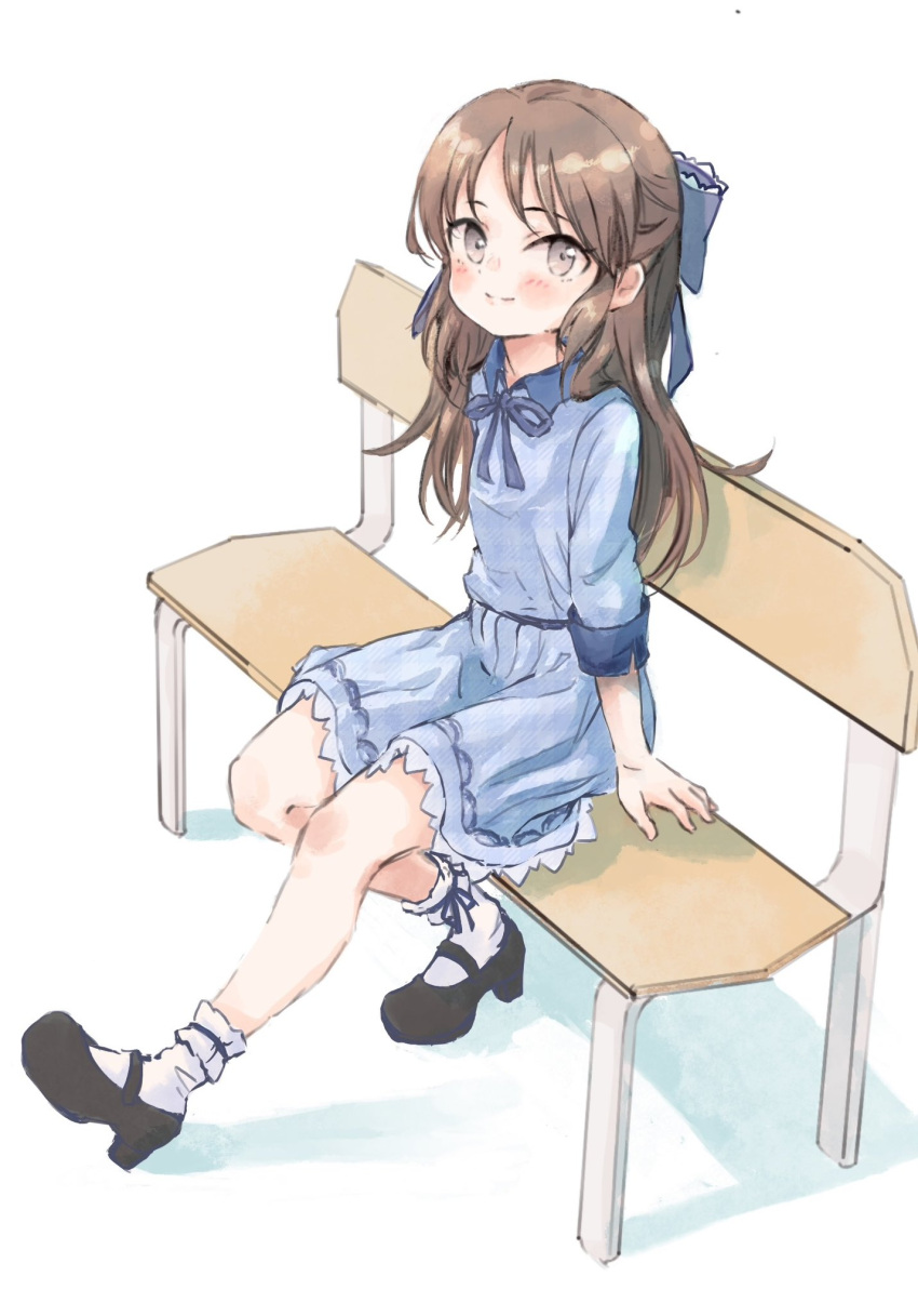 1girl, bangs, bench, black_footwear, blue_bow, blue_bowtie, blue_dress, blush