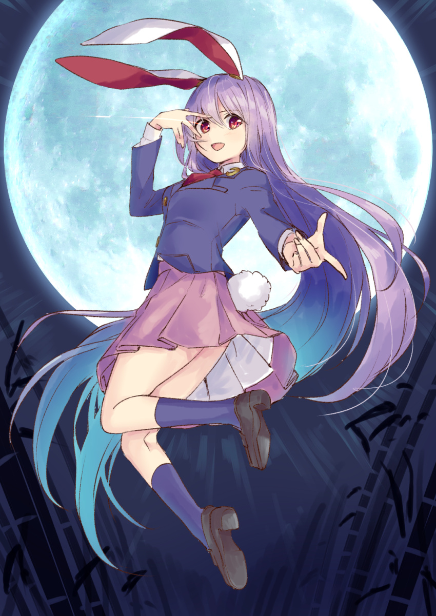 1girl, animal_ears, bamboo, black_jacket, commentary_request, crescent, crescent_pin, eye_trail