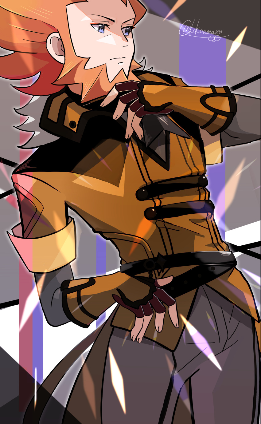 1boy, absurdres, beard, belt, black_belt, black_gloves, blue_eyes, brown_jacket