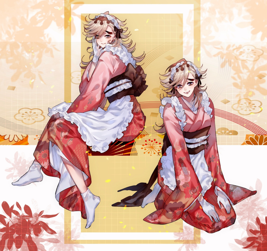 1girl, 779762391_(lofter), alternate_costume, apron, bangs, black_bow, black_hair, blonde_hair, bow, breasts, douma_(kimetsu_no_yaiba), enmaided, flipped_hair, forked_eyebrows, frilled_apron, frills, full_body, genderswap, genderswap_(mtf), gloves, gradient_clothes, gradient_kimono, hair_between_eyes, hair_bow, hand_up, highres, invisible_chair, japanese_clothes, kimetsu_no_yaiba, kimono, long_hair, long_sleeves, looking_at_viewer, looking_to_the_side, maid, maid_headdress, multicolored_eyes, multicolored_hair, multiple_views, no_shoes, obi, pink_kimono, print_hair, sash, seiza, sitting, smile, socks, soles, streaked_hair, swept_bangs, tabi, text_in_eyes, wa_maid, waist_apron, white_apron, white_gloves, white_socks, wide_sleeves