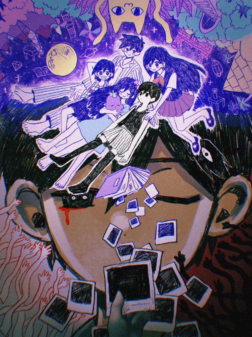 2girls, 4boys, arms_behind_head, arms_up, aubrey_(omori), bangs, big_yellow_cat_(omori), black_eyes