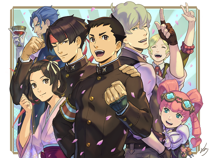 3girls, 4boys, ace_attorney, aqua_eyes, armband, bangs_pinned_back, barok_van_zieks, black_hair
