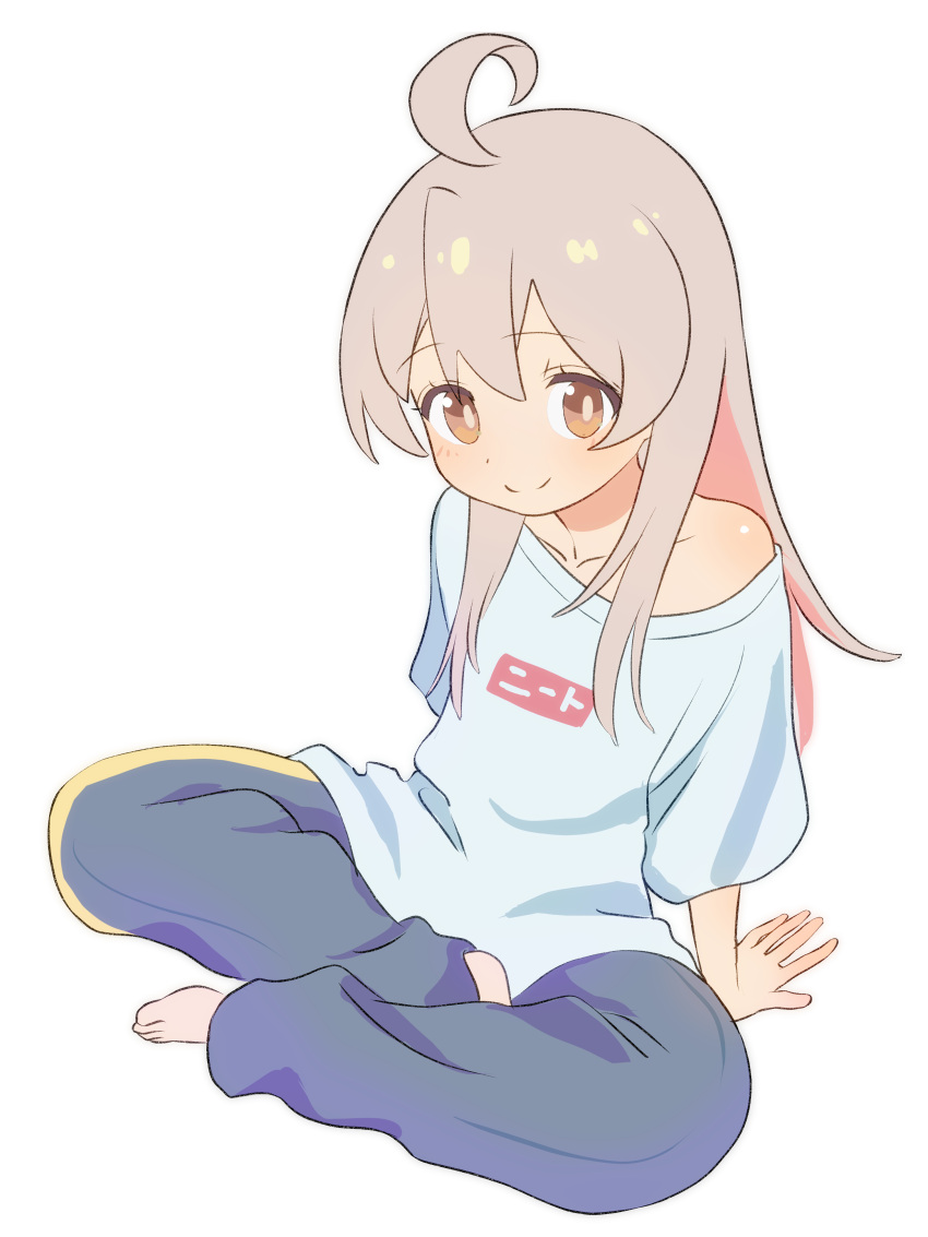 1girl, absurdres, ahoge, baggy_clothes, bazz000033, blue_pants, commentary, crossed_legs