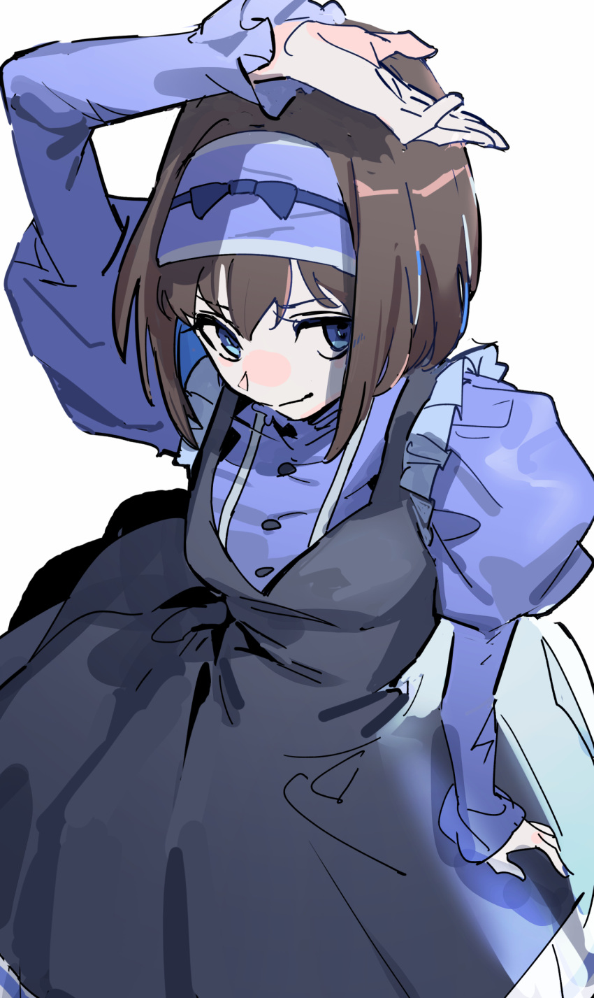 1girl, black_dress, black_hair, blue_hairband, blue_shirt, dress, from_above, garie_tuman
