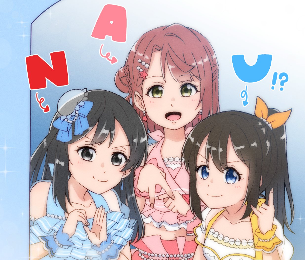 !?, 3girls, azuna_(love_live!), bangs, black_eyes, black_hair, blue_eyes, brown_hair, collarbone, commentary_request, donpa, earrings, green_eyes, hair_bun, hair_ornament, hair_ribbon, hat, high_ponytail, jewelry, long_hair, looking_at_viewer, love_live!, love_live!_nijigasaki_high_school_idol_club, medium_hair, multiple_girls, one_side_up, orange_hair, ousaka_shizuku, ponytail, ribbon, sidelocks, single_side_bun, smile, uehara_ayumu, upper_body, yuuki_setsuna_(love_live!)