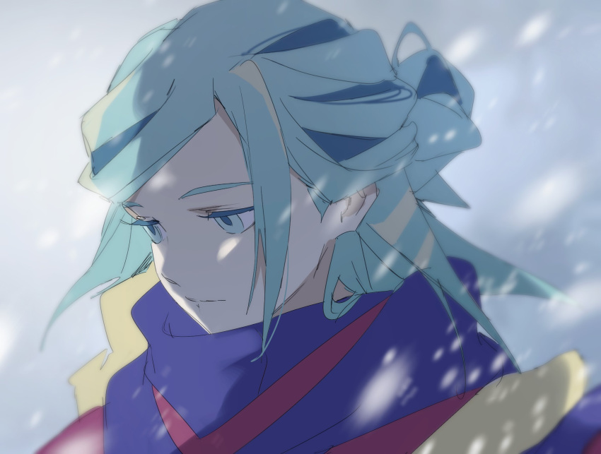 1boy, blurry, closed_mouth, commentary_request, depth_of_field, green_eyes, green_hair, grusha_(pokemon), highres, jacket, kkeom, korean_commentary, looking_down, male_focus, medium_hair, outdoors, pokemon, pokemon_(game), pokemon_sv, portrait, scarf, snowing, solo, striped, striped_scarf, yellow_jacket