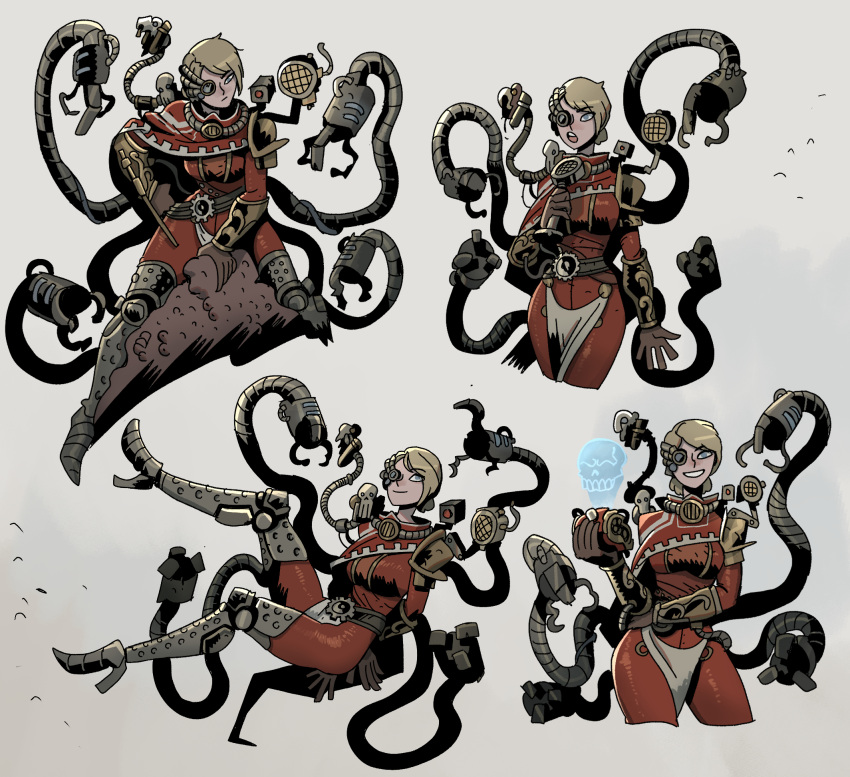 1girl, :d, :o, adeptus_mechanicus, armored_boots, blonde_hair, blue_eyes, boots, brown_gloves, closed_mouth, full_body, gloves, grin, hair_bun, highres, ho-uja, holding, holographic_interface, long_sleeves, looking_at_viewer, multiple_views, open_mouth, red_robe, robe, science_fiction, short_hair, single_hair_bun, smile, teeth, warhammer_40k
