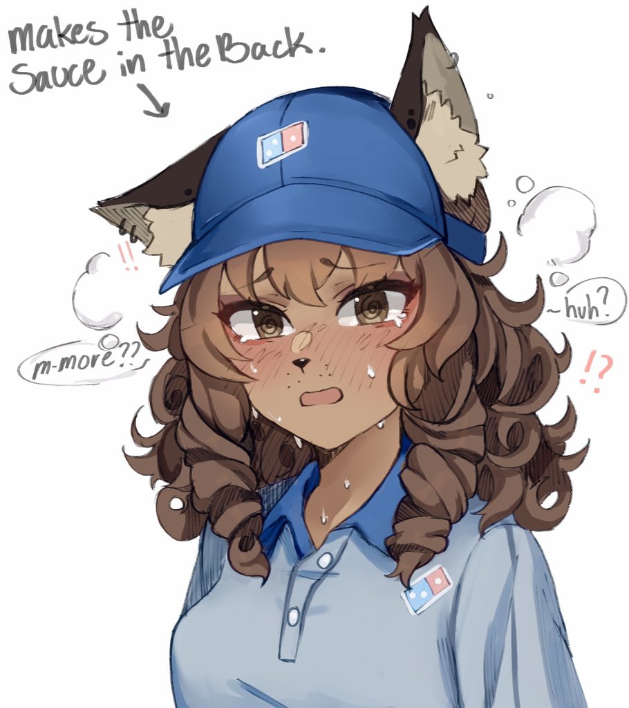 1girl, @_@, animal_ear_fluff, animal_nose, bangs, blue_shirt, blush, body_fur