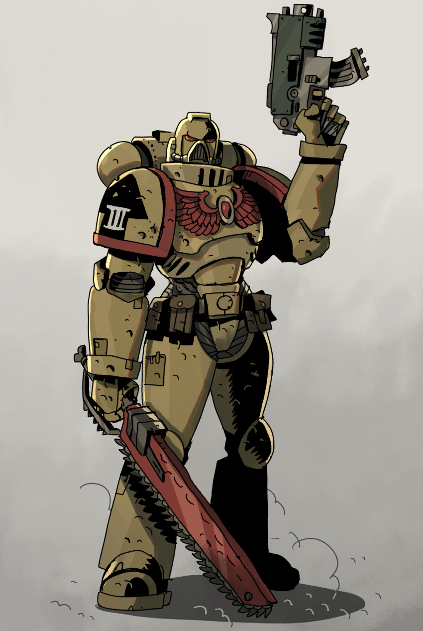 1girl, adeptus_astartes, armor, armored_boots, bolter, boots, chainsword, closed_mouth