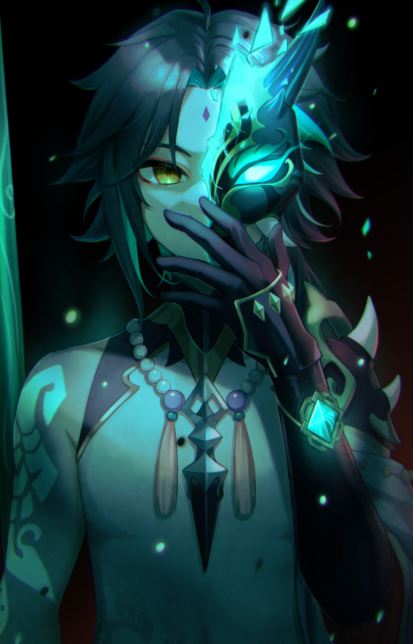 1boy, 39_iduki, aqua_hair, arm_tattoo, asymmetrical_clothes, bangs, bare_shoulders, bead_necklace