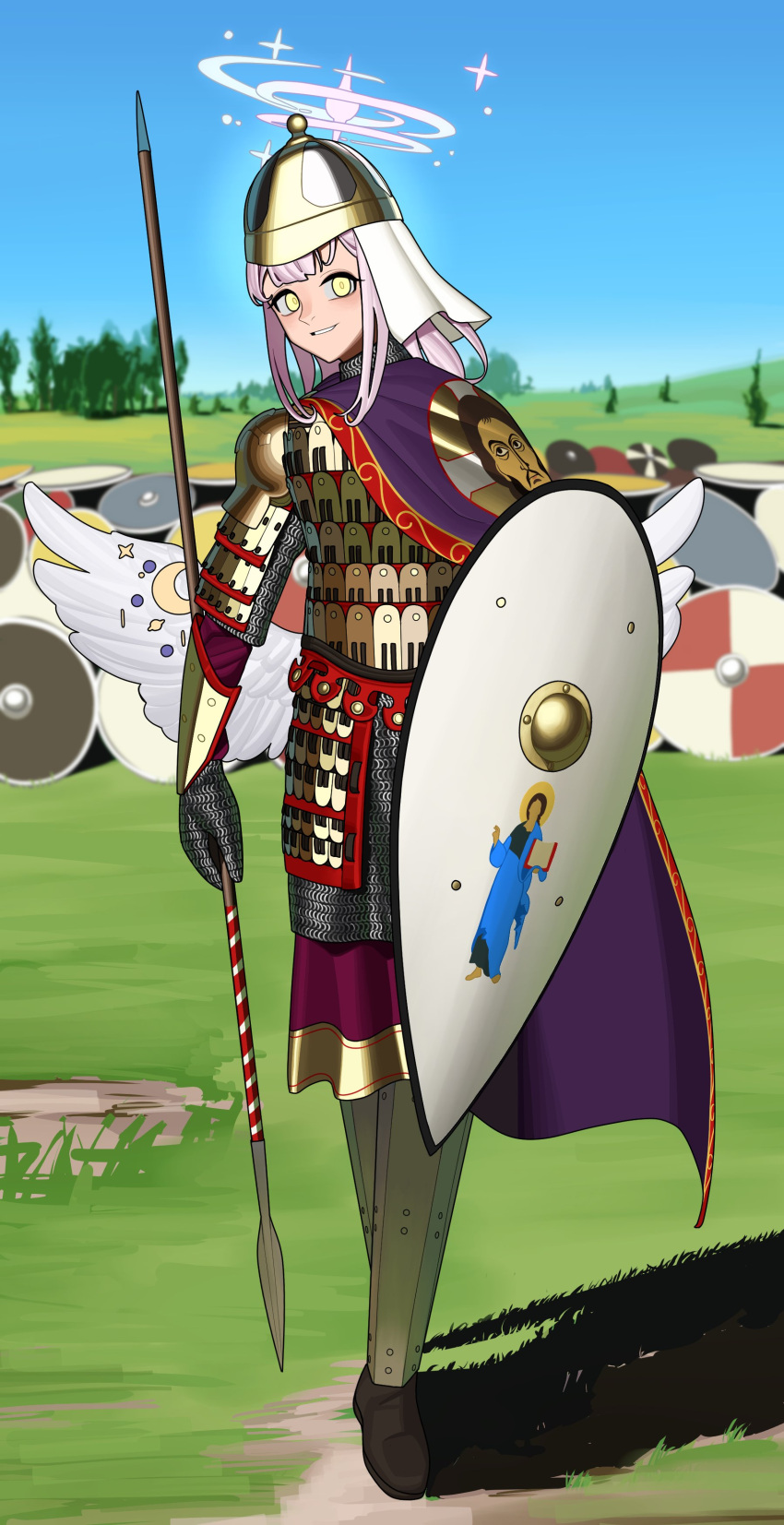 1girl, absurdres, alternate_hair_length, alternate_hairstyle, angel_wings, armor, bags_under_eyes, blue_archive, blue_sky, blurry, blurry_background, boots, byzantine_empire, cape, chainmail, christianity, crazy_eyes, day, glowing, glowing_eyes, grass, greaves, greek_commentary, grin, halo, helmet, highres, holding, holding_polearm, holding_shield, holding_weapon, jesus, kite_shield, lamellar_armor, latin_commentary, looking_at_viewer, medium_hair, mika_(blue_archive), mixed-language_commentary, outdoors, pauldrons, pink_hair, polearm, purple_cape, pzkpfwi, shield, shoulder_armor, sky, smile, solo, spear, standing, sunlight, walking, weapon, wings, yellow_eyes