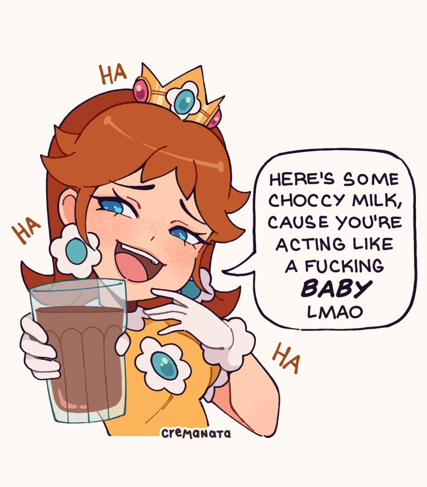 1girl, blue_eyes, brown_hair, chocolate_milk, cremanata, crown, cup, dress