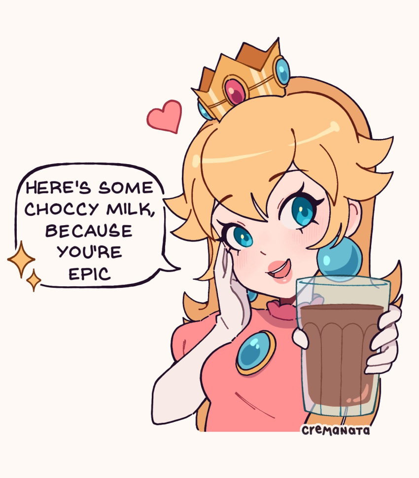 1girl, blonde_hair, blue_eyes, blush, chocolate_milk, cremanata, crown, cup