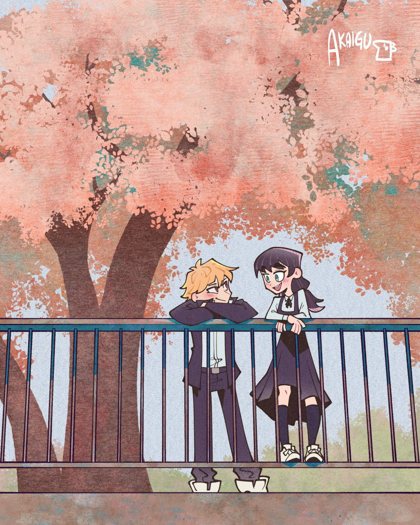 1boy, 1girl, absurdres, against_railing, akaiguarts, artist_logo, artist_name, bangs, black_hair, blonde_hair, chainsaw_man, cherry_blossoms, denji_(chainsaw_man), dress, fourth_east_high_school_uniform, gakuran, highres, long_hair, looking_at_another, mitaka_asa, on_railing, open_mouth, pinafore_dress, railing, school_uniform, short_hair, smile