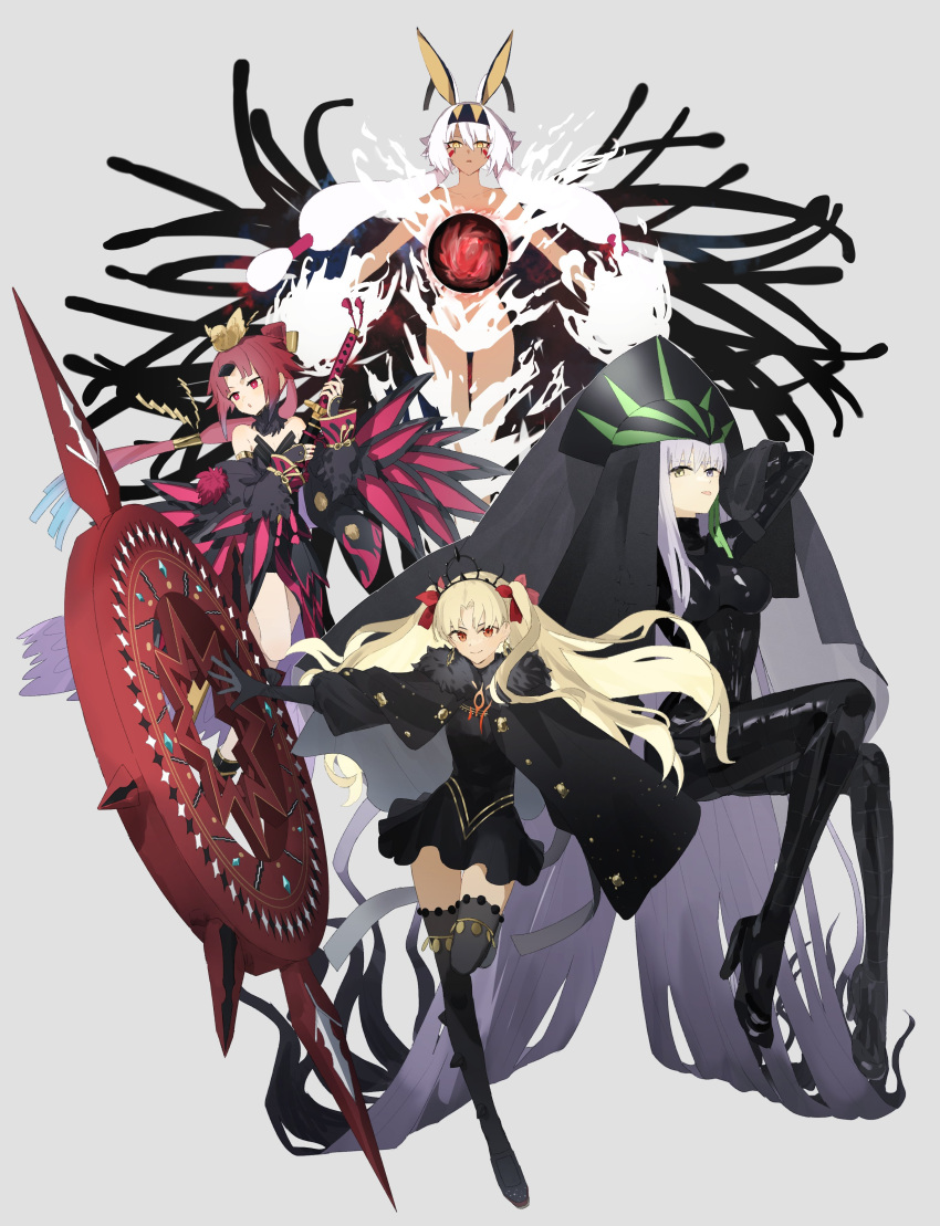 4girls, absurdres, animal_ears, bangs, benienma_(fate), benienma_alter_(fate), black_bodysuit, black_dress, black_footwear, black_gloves, black_headwear, black_thighhighs, blonde_hair, bodysuit, commentary_request, dark-skinned_female, dark_skin, dress, ereshkigal_(fate), ereshkigal_alter_(fate), facepaint, fate/grand_order, fate_(series), fire, full_body, gloves, grey_background, hair_ribbon, hairband, hat, heterochromia, high_heels, highres, holding, holding_sword, holding_weapon, jackal_ears, katana, kingprotea_(fate), latex, long_hair, magic, multiple_girls, ne_f_g_o, nitocris_(fate), nitocris_alter_(fate), purple_hair, red_eyes, red_ribbon, redhead, ribbon, simple_background, sword, thigh-highs, tongue, tongue_out, two_side_up, veil, violet_eyes, weapon, white_fire, xochitonal_(fate), yellow_eyes