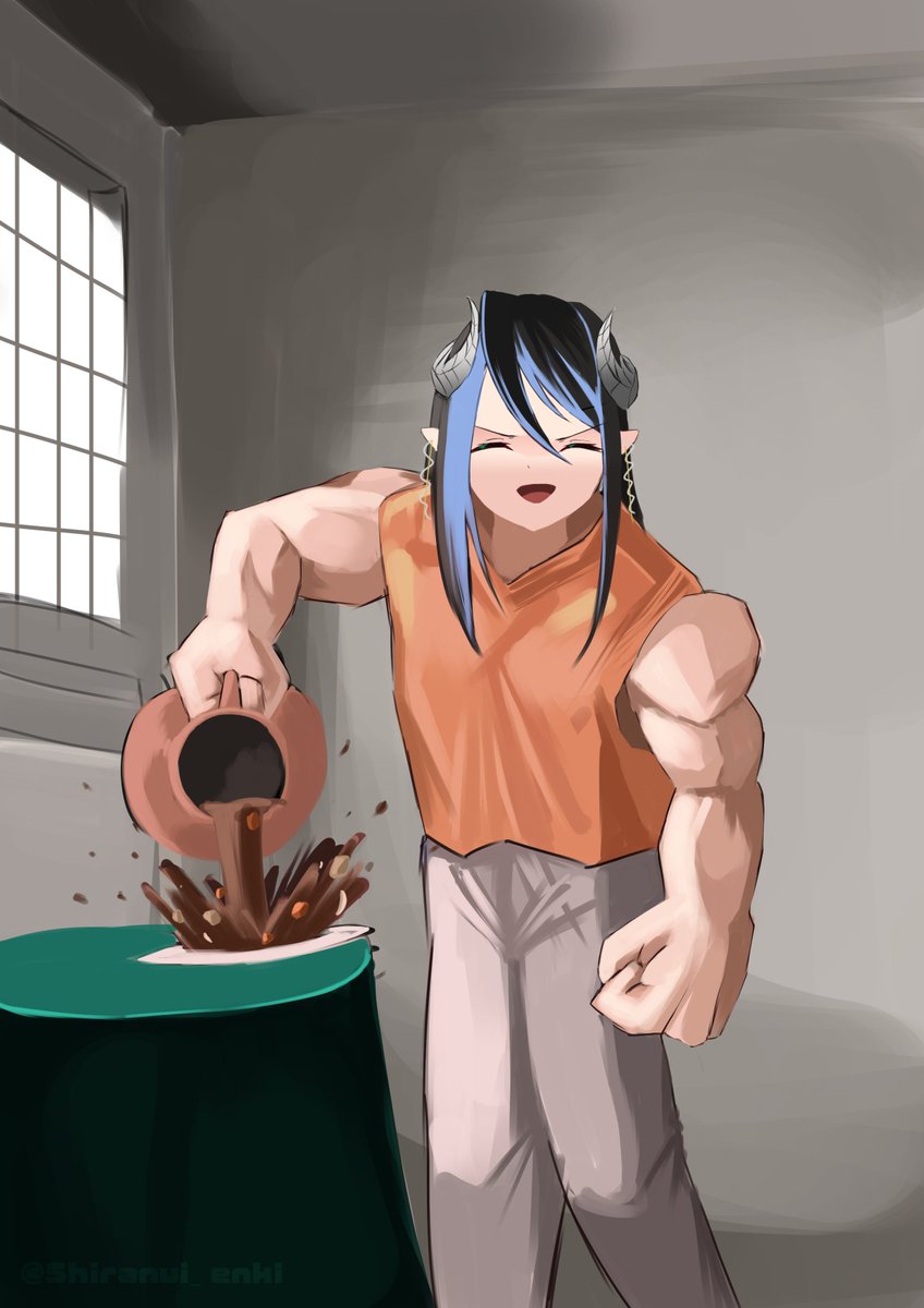 1girl, 774_inc., bangs, black_hair, blue_hair, clenched_hands, closed_eyes, commentary_request