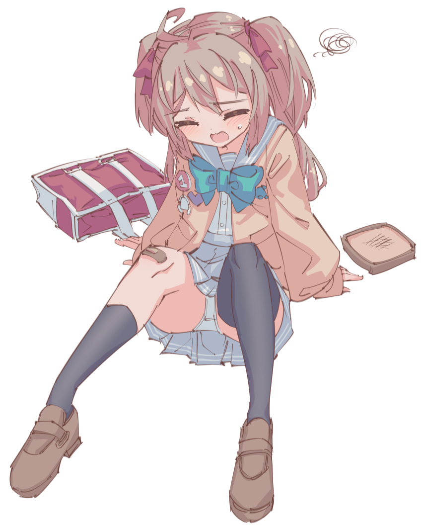 1girl, absurdres, ahoge, arm_support, badge, bag, bandaid, bandaid_on_knee