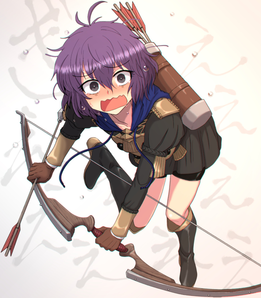 1girl, bernadetta_von_varley, black_skirt, blush, boots, bow_(weapon), commentary, fire_emblem