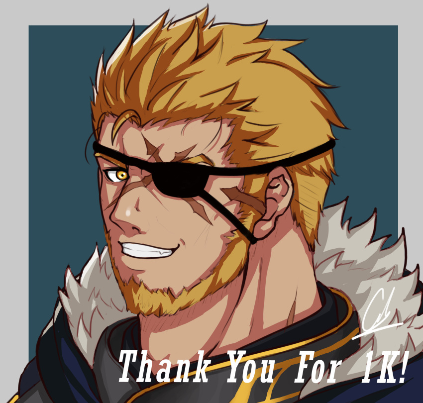 1boy, armor, artist_name, beard, blonde_hair, close-up, draws_casual, english_text, eyepatch, facial_hair, green_background, gyee, highres, looking_at_viewer, male_focus, manly, markus_(gyee), mature_male, scar, scar_on_face, signature, simple_background, smirk, solo, spiky_hair, teeth, yellow_eyes