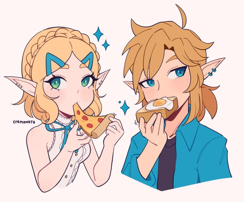 1boy, 1girl, blonde_hair, blue_eyes, blue_shirt, cremanata, ear_piercing, earrings