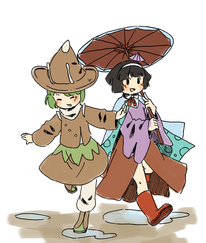 2others, absurdres, amanomiya_jun, amanomori_shou, androgynous, antennae, baila_kuangzi, bangs, black_eyes, black_hair, blue_cape, boots, brown_headwear, brown_shirt, brown_skirt, cape, closed_eyes, collared_shirt, commentary, green_hair, hairband, happy, hat, highres, holding, holding_umbrella, len'en, long_sleeves, multiple_others, neck_ribbon, open_mouth, other_focus, outstretched_arms, pants, pointy_hat, puddle, purple_sweater, red_footwear, red_ribbon, ribbon, running, shirt, short_hair, sketch, skirt, smile, spread_arms, sweater, symbol-only_commentary, umbrella, umbrella_hair_ornament, white_hairband, white_pants, white_shirt