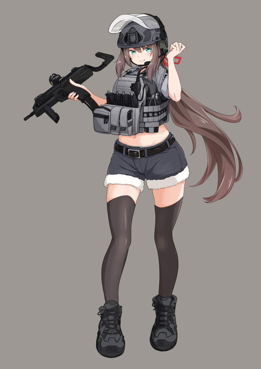 1girl, bangs, belt, black_footwear, black_thighhighs, blue_eyes, bow, brown_hair, bulletproof_vest, cake506, closed_mouth, commission, denim, denim_shorts, full_body, grey_background, gun, h&amp;k_mp7, hair_bow, helmet, highres, holding, holding_gun, holding_weapon, long_hair, looking_at_viewer, magazine_(weapon), midriff, navel, original, red_bow, shorts, simple_background, sleeves_rolled_up, smile, solo, standing, submachine_gun, thigh-highs, very_long_hair, weapon