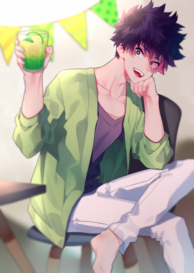 1boy, :d, alternate_eye_color, alternate_hair_color, bangs, blurry, blurry_background, blurry_foreground