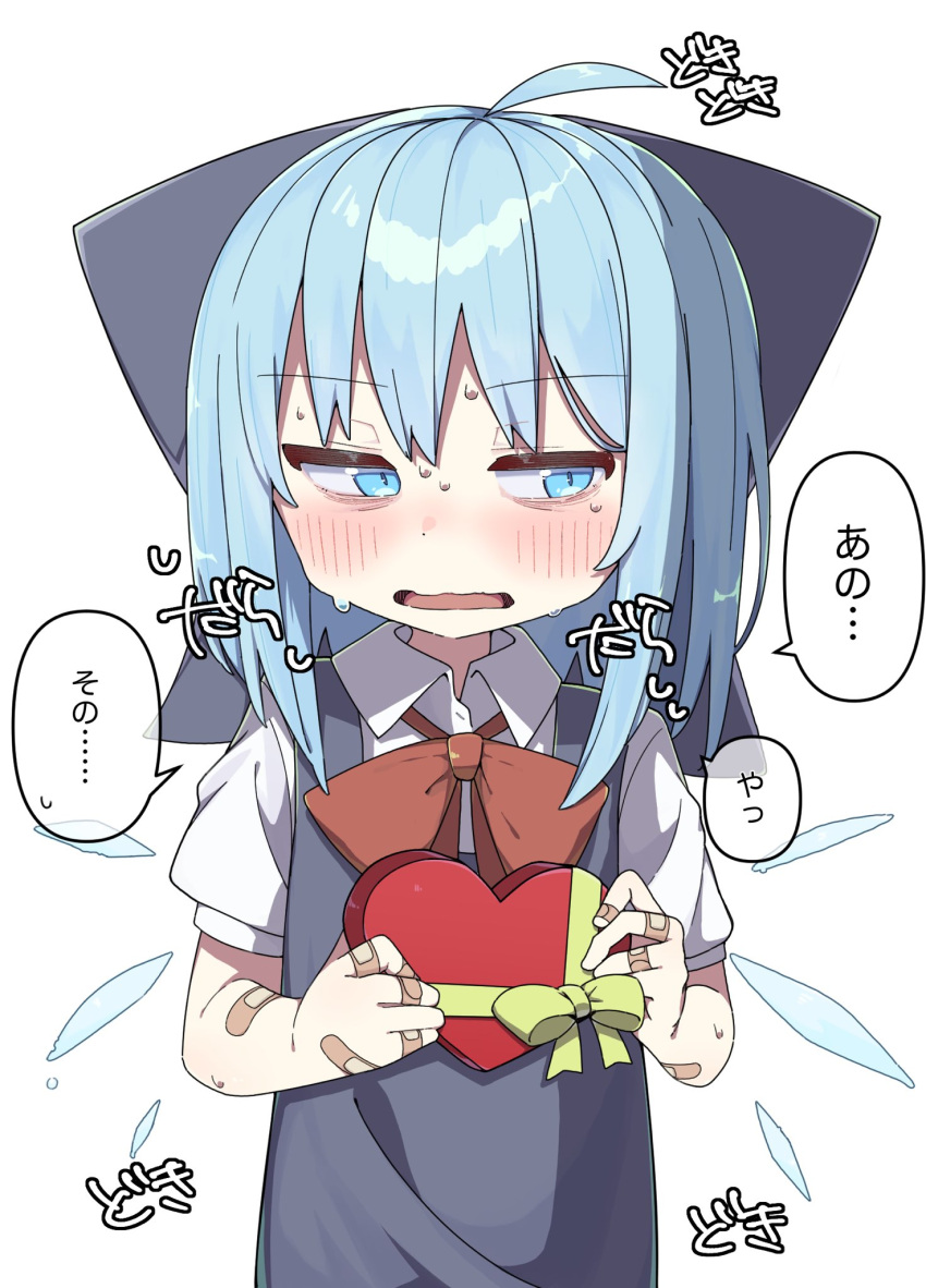 1girl, ahoge, bandaid, bandaid_on_hand, black_bow, black_dress, blue_eyes, blue_hair