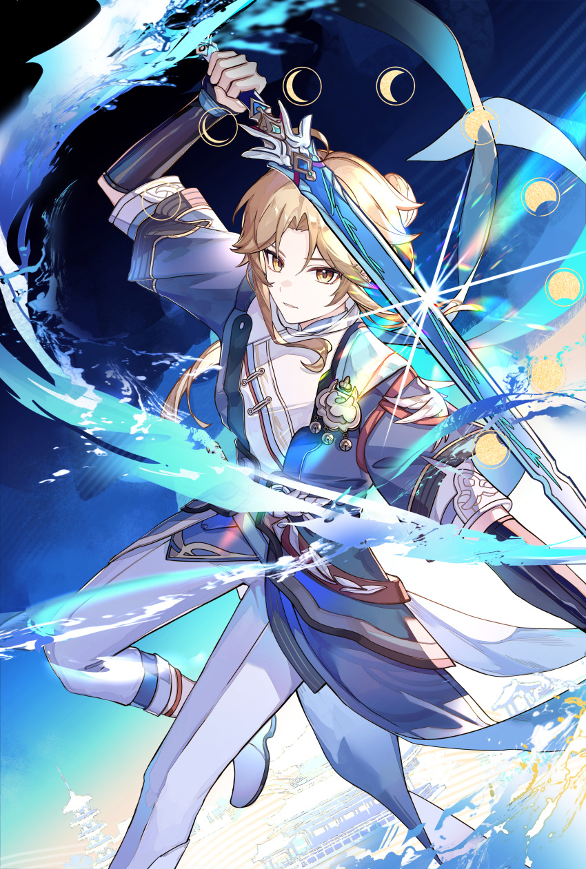 1boy, absurdres, architecture, arm_up, bangs, black_gloves, blonde_hair, blue_jacket, boots, building, crackingtaro, diffraction_spikes, east_asian_architecture, elbow_gloves, eyelashes, fingerless_gloves, floating_hair, gloves, highres, holding, holding_sword, holding_weapon, honkai:_star_rail, honkai_(series), jacket, long_hair, looking_at_viewer, male_focus, moon_phases, open_clothes, open_jacket, open_mouth, outdoors, pagoda, pants, parted_bangs, parted_lips, ponytail, shirt, short_sleeves, sidelocks, sky, solo, sword, weapon, white_footwear, white_pants, white_shirt, yanqing, yellow_eyes