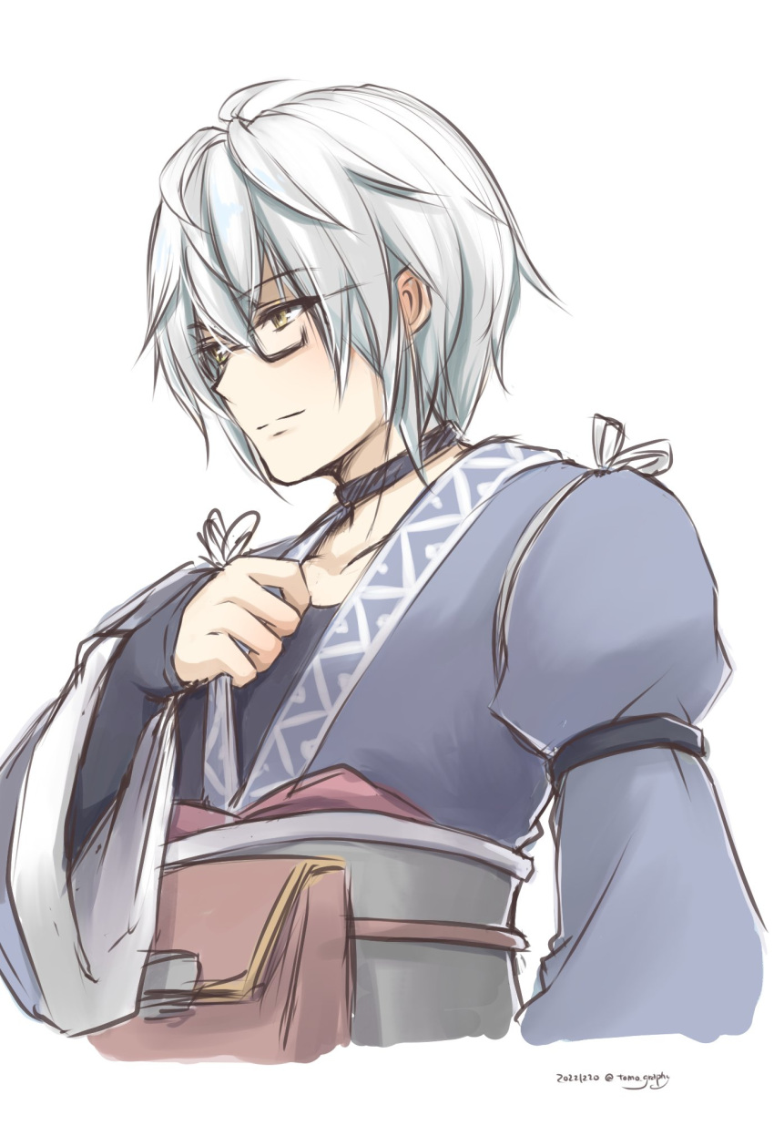1boy, bangs, black-framed_eyewear, black_gloves, black_shirt, blue_kimono, closed_mouth, dated