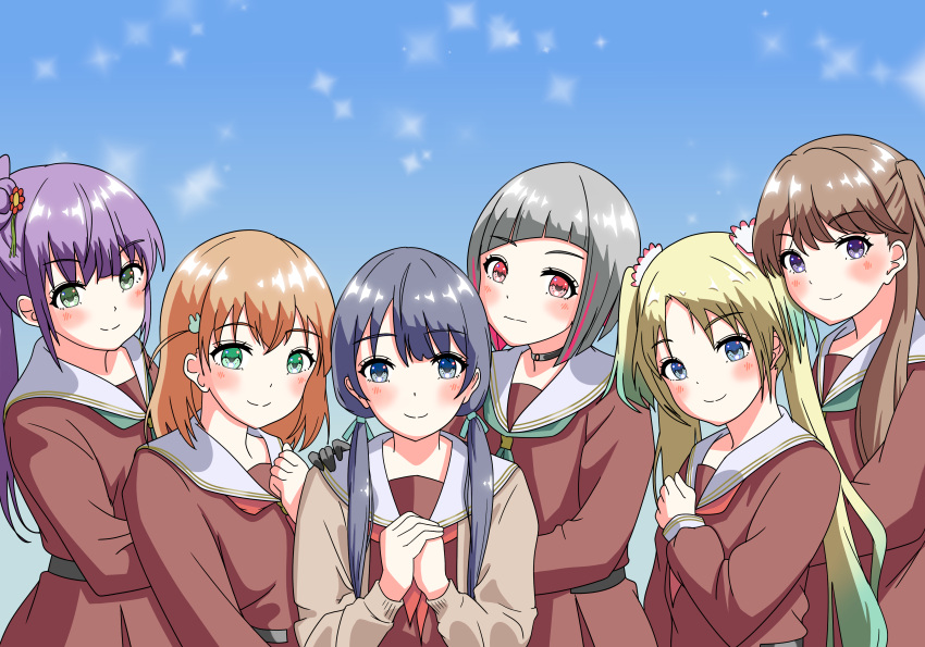 6+girls, absurdres, akiyama_(yehonatan), bangs, black_hair, blonde_hair, blue_background, blue_eyes