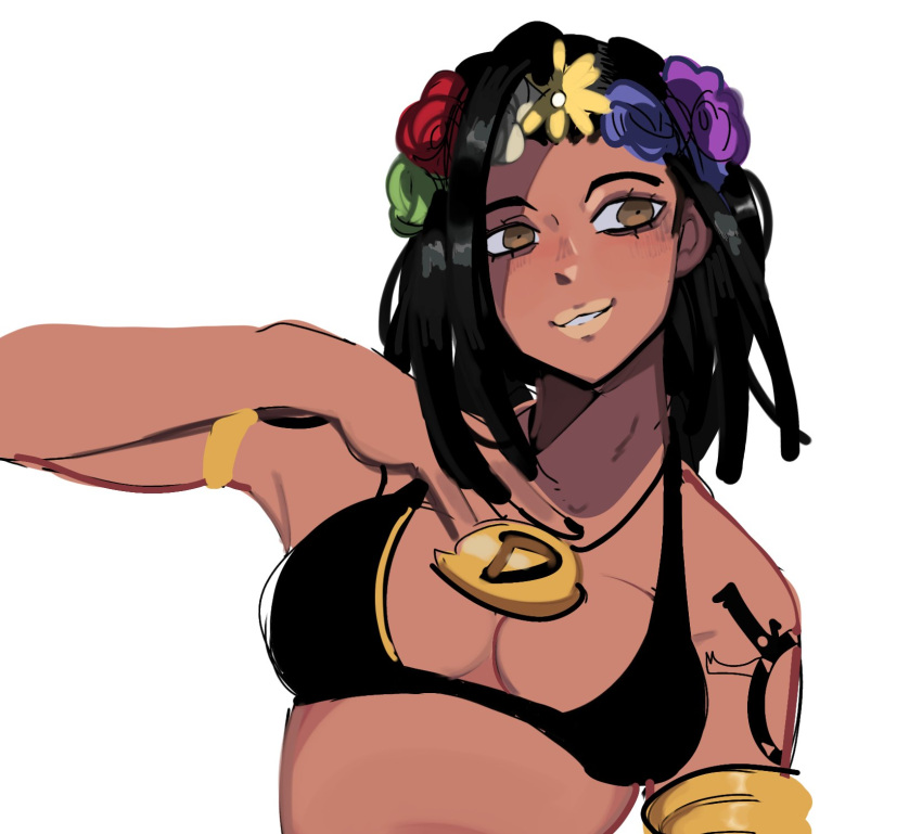 1other, armlet, bikini, black_bikini, black_hair, breasts, brown_eyes, dark_skin, dragon, dragona_joestar, flower, hair_flower, hair_ornament, highres, jewelry, jojo_no_kimyou_na_bouken, medium_hair, necklace, s0gaharahen, simple_background, smile, swimsuit, tattoo, the_jojolands, white_background