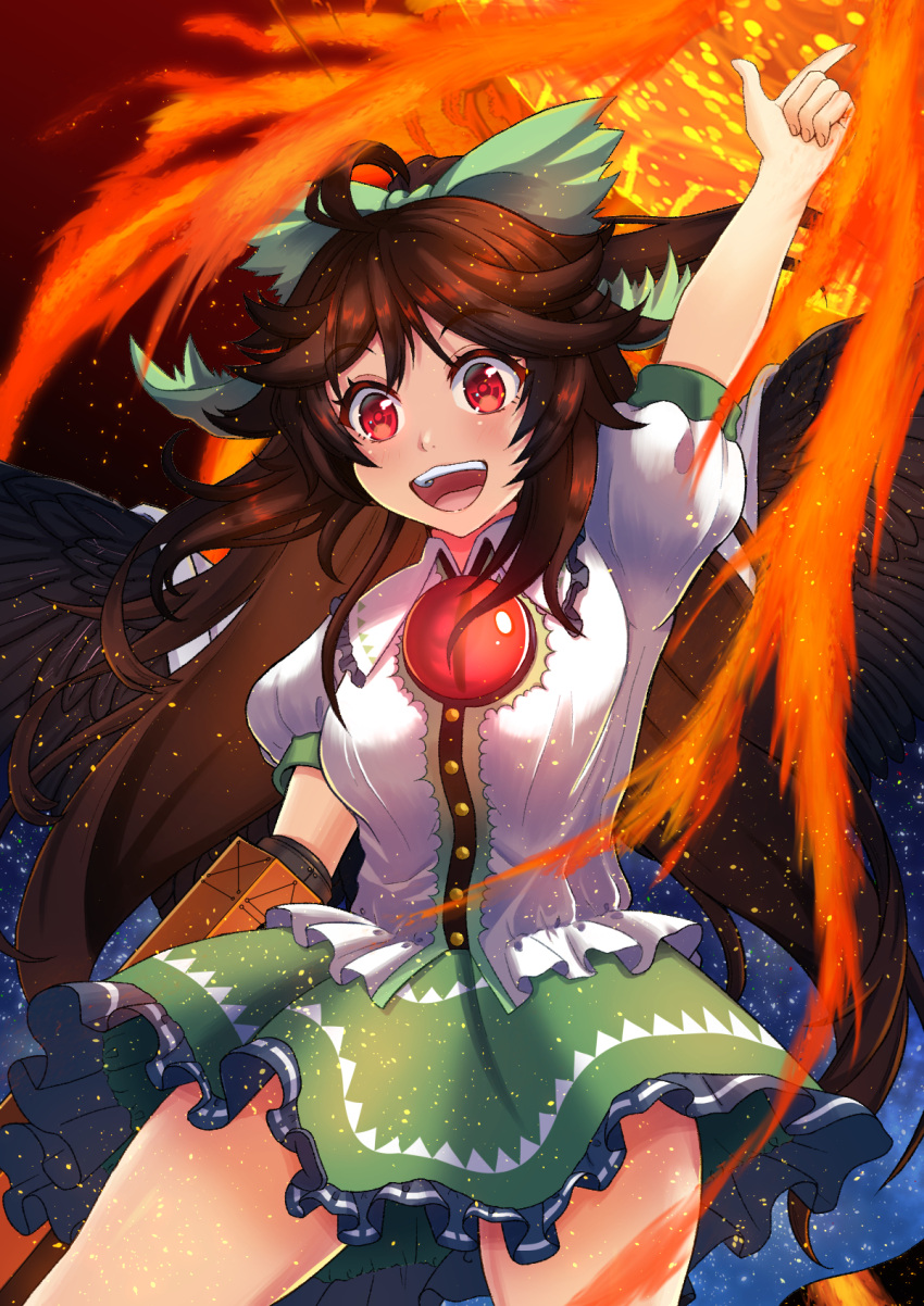 1girl, ahoge, arm_cannon, arm_up, bangs, bird_wings, black_wings, blush