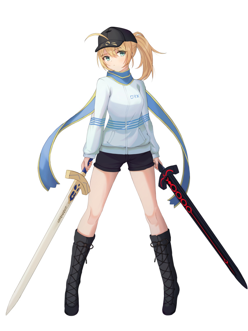 1girl, absurdres, ahoge, artoria_pendragon_(fate), black_footwear, black_headwear, black_shorts, blonde_hair