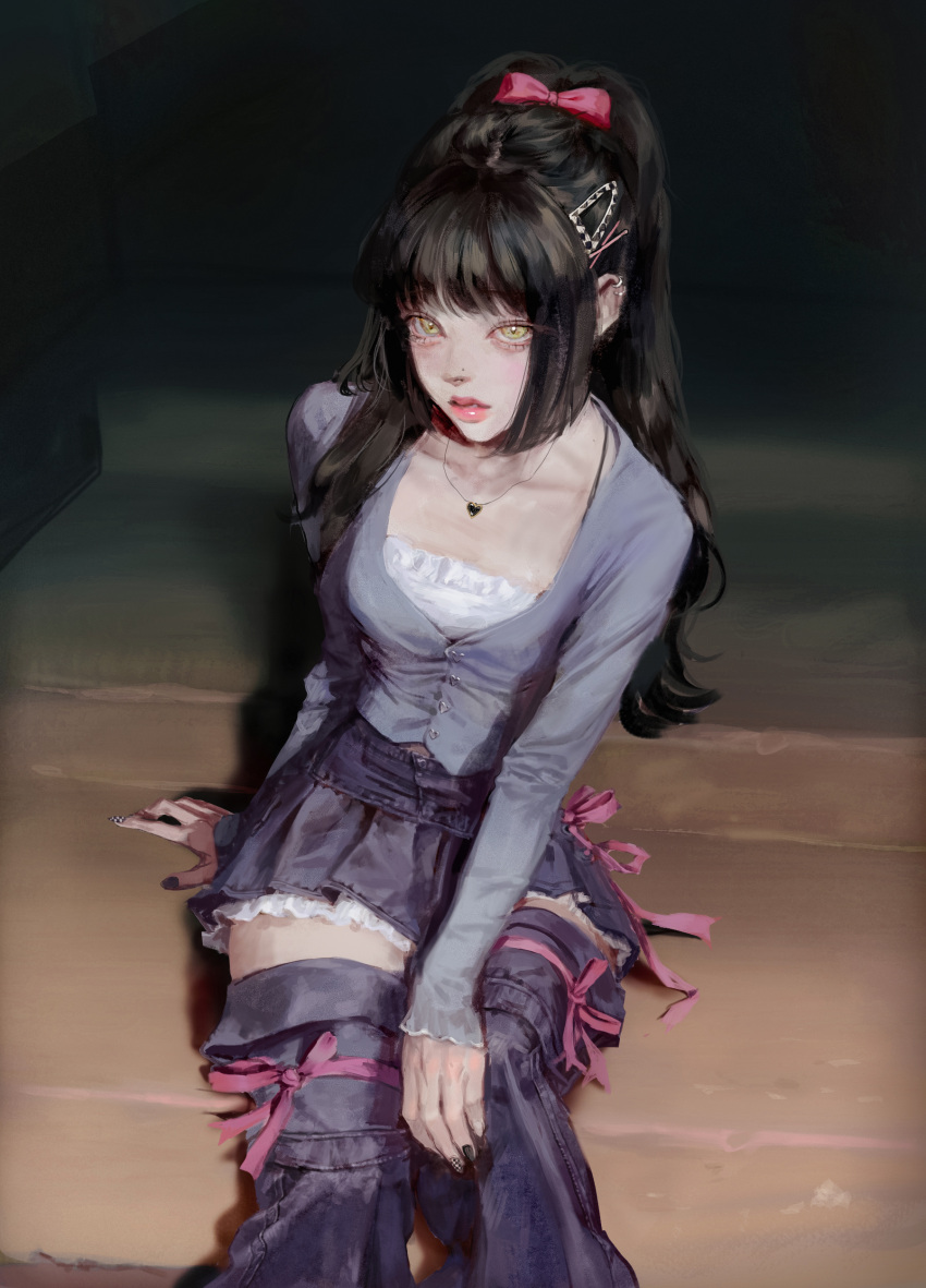 1girl, absurdres, ateli_er, black_hair, black_nails, bow, commentary, denim