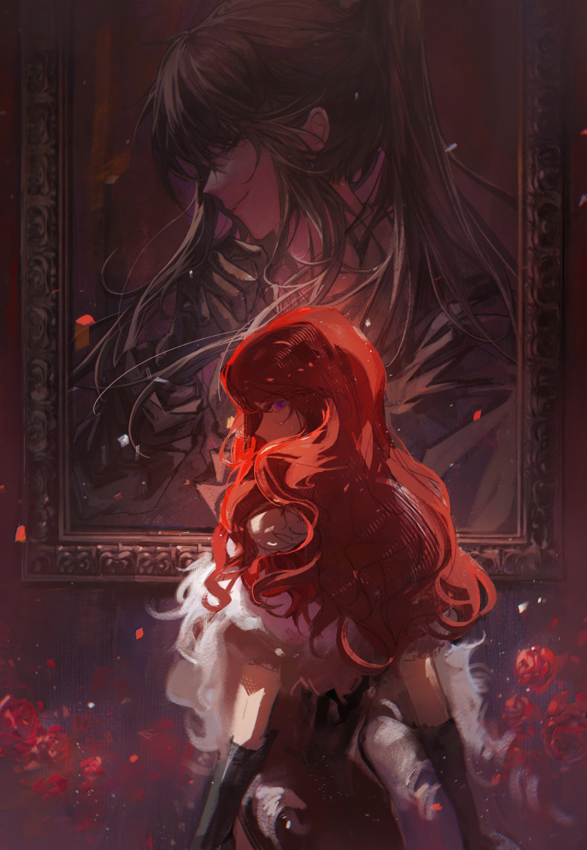 1boy, 1girl, absurdres, bai_liu, black_gloves, dress, flower, from_side, gloves, hearts_(i_became_a_god_in_a_horror_game), high_ponytail, highres, i_became_a_god_in_a_horror_game, light_smile, lizicha, long_hair, looking_back, picture_frame, profile, red_flower, red_rose, redhead, rose, smile, upper_body, wavy_hair