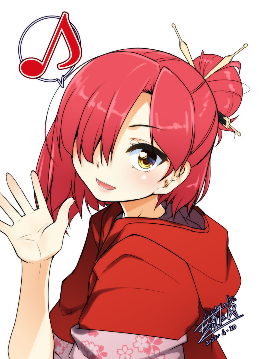 1girl, aogiri_penta, asymmetrical_bangs, bangs, floral_print, hair_bun, hair_ornament, hair_over_eyes, hair_stick, hand_up, highres, japanese_clothes, looking_at_viewer, musical_note, one_eye_covered, open_hand, open_mouth, redhead, senningiri, signature, single_hair_bun, smile, speech_bubble, tenka_hyakken, white_background, yellow_eyes