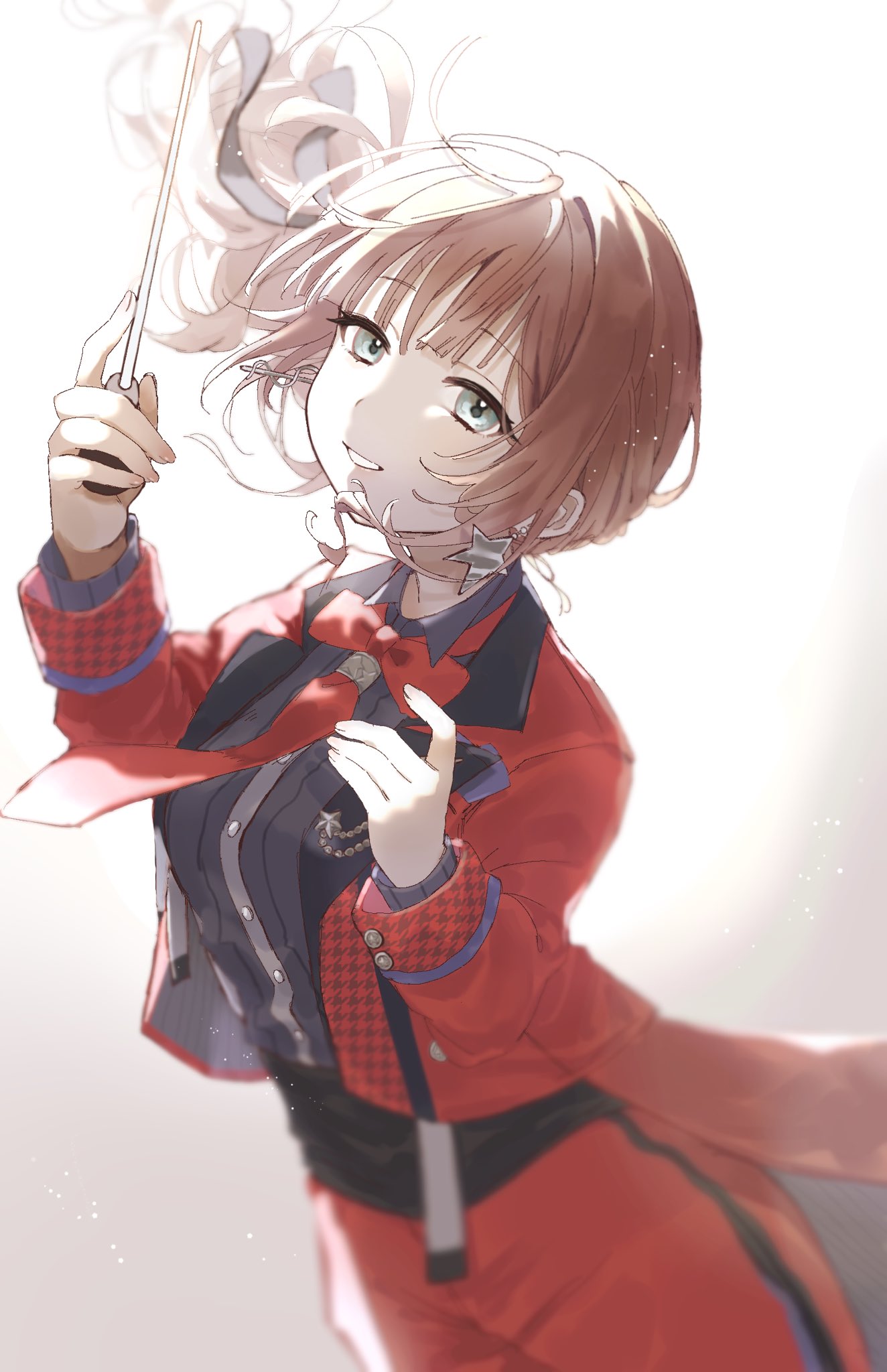 1girl, backlighting, bangs, baton_(conducting), blue_eyes, blunt_bangs, bow, bowtie, brown_hair, buttons, clothes_lift, collared_shirt, cowboy_shot, dress_shirt, drill_hair, dutch_angle, earrings, eyelashes, fingernails, floating_hair, from_above, grey_shirt, half-closed_eyes, hands_up, highres, holding, jacket, jewelry, lapel_pin, light_particles, light_smile, looking_at_viewer, mismatched_earrings, mochizuki_honami, necktie, pants, parted_lips, project_sekai, red_bow, red_bowtie, red_jacket, red_necktie, red_pants, shirt, side_drill, sidelocks, simple_background, single_vertical_stripe, solo, star_(symbol), star_earrings, tailcoat, two-sided_fabric, two-sided_jacket, uminokaisen, vignetting, white_background, wing_collar