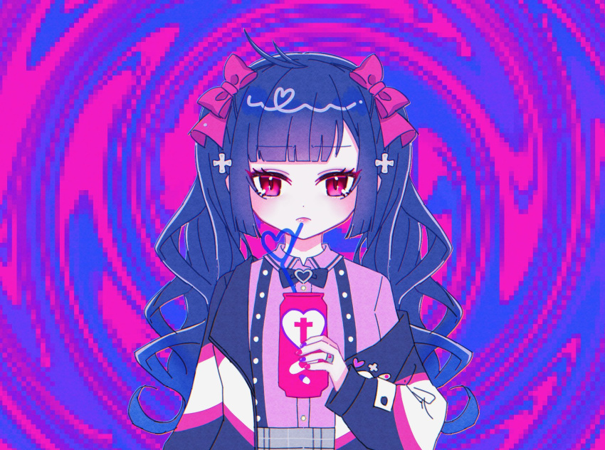 1girl, ahoge, arm_at_side, bangs, bendy_straw, blue_hair, blunt_bangs, blush