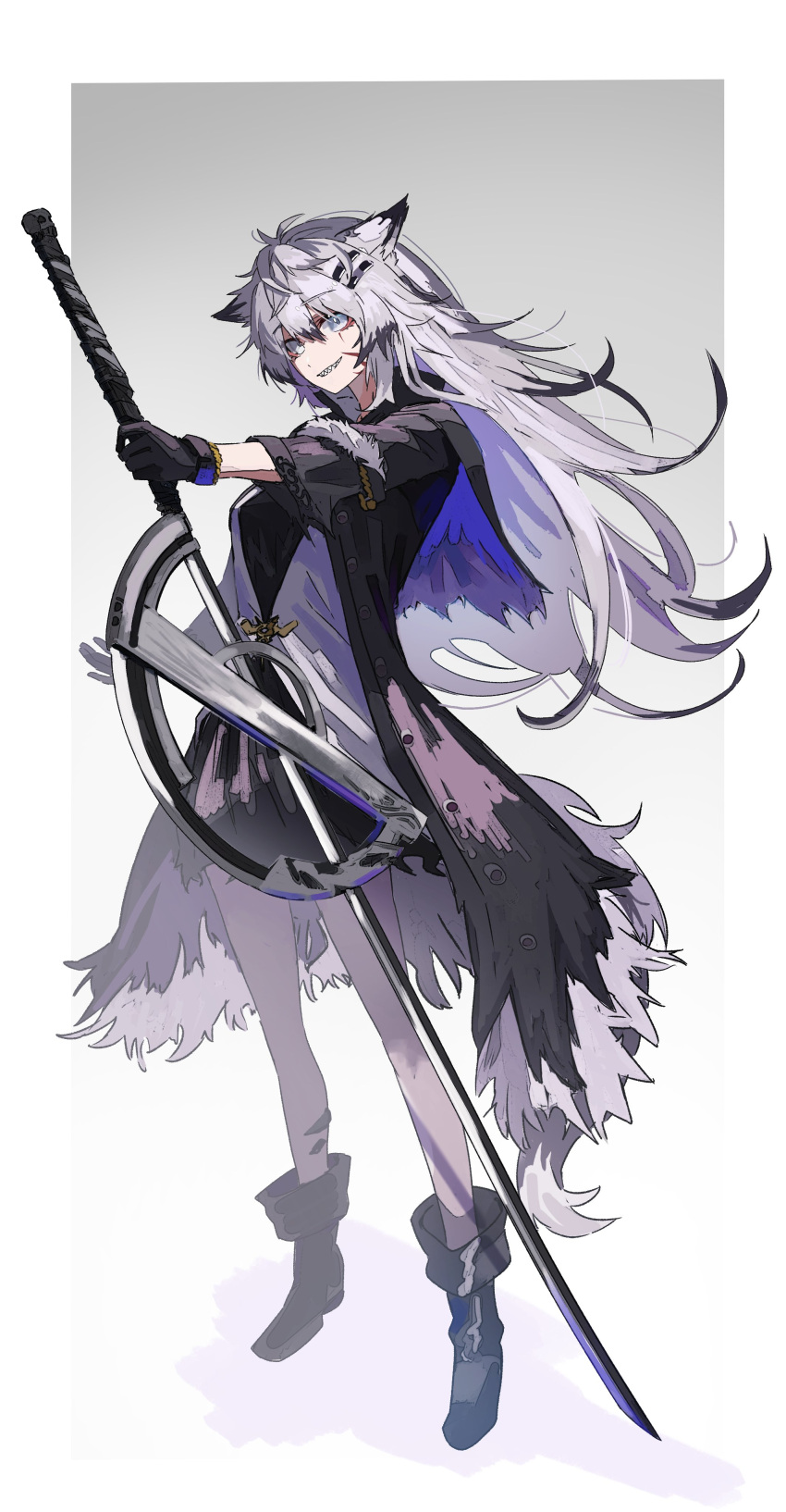1girl, absurdres, animal_ears, arknights, black_coat, black_gloves, blood, blood_on_face, boots, coat, full_body, gloves, grab_pigeon, grey_eyes, highres, holding, holding_sword, holding_weapon, lappland_(arknights), lappland_(refined_horrormare)_(arknights), long_hair, long_sleeves, official_alternate_costume, open_clothes, open_coat, oripathy_lesion_(arknights), scar, scar_across_eye, scar_on_face, sharp_teeth, solo, sword, tail, teeth, weapon, wolf_ears, wolf_girl, wolf_tail