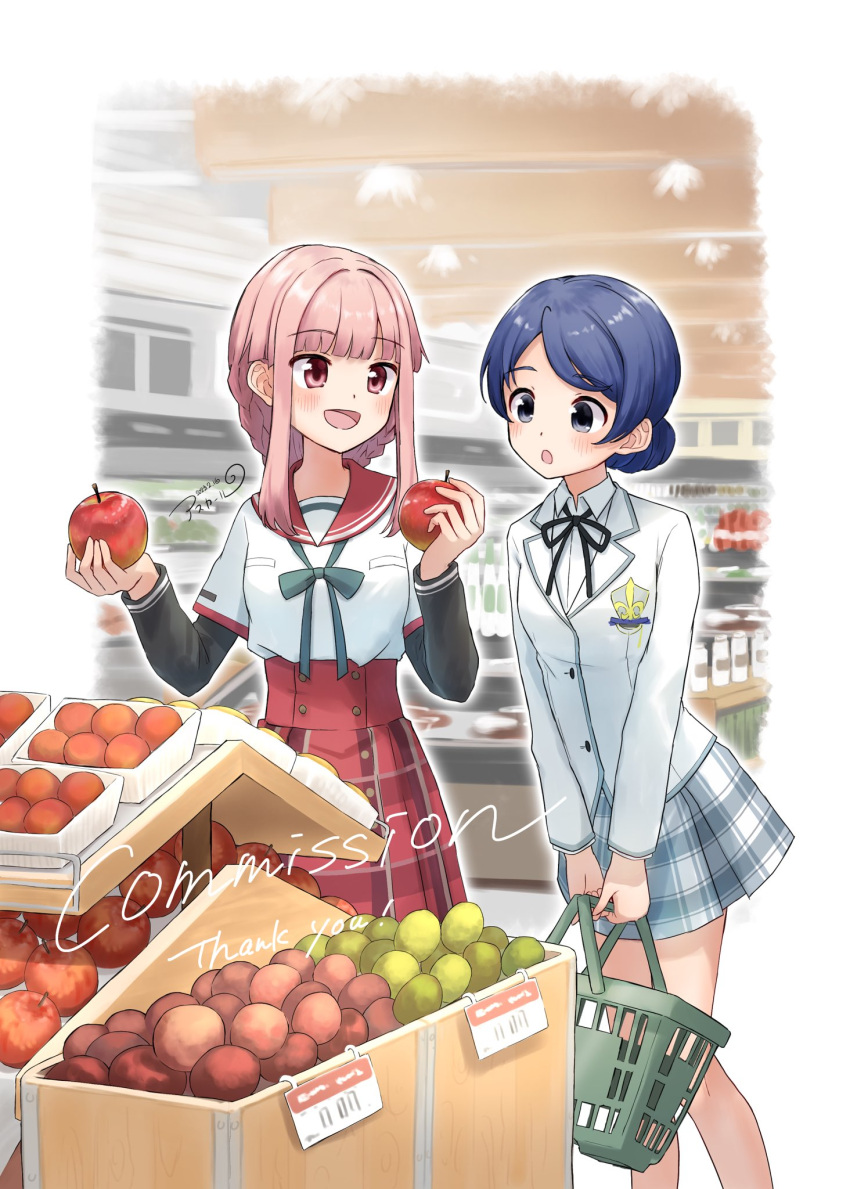 2girls, :d, :o, apple, aqua_ribbon, asukaru_(magika_ru), bangs, basket, black_ribbon, black_sleeves, blazer, blue_eyes, blue_hair, blue_skirt, blunt_bangs, blush, border, braid, breast_pocket, buttons, collared_shirt, commission, dated, dot_nose, english_text, feet_out_of_frame, fleur-de-lis, food, fruit, hair_bun, highres, holding, holding_basket, holding_food, holding_fruit, holy_maiden_academy_school_uniform, indoors, jacket, kamihama_university_affiliated_school_uniform, lapels, layered_sleeves, long_sleeves, magia_record:_mahou_shoujo_madoka_magica_gaiden, mahou_shoujo_madoka_magica, mahou_shoujo_tart_magica, melissa_de_vignolles, miniskirt, multiple_girls, neck_ribbon, notched_lapels, outside_border, pink_eyes, plaid, plaid_skirt, pleated_skirt, pocket, red_sailor_collar, red_skirt, ribbon, sailor_collar, school_emblem, school_uniform, serafuku, shirt, shop, shopping_basket, short_over_long_sleeves, short_sleeves, side_braids, sidelocks, signature, skirt, smile, swept_bangs, tamaki_iroha, white_border, white_jacket, white_shirt