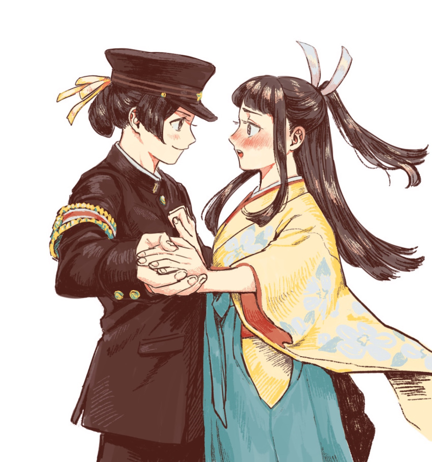 2girls, ace_attorney, bangs, black_hair, black_headwear, black_jacket, blunt_bangs, blush