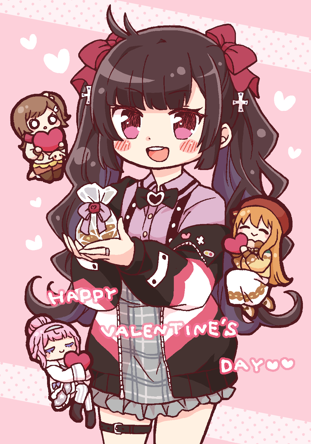4girls, :>, :o, anmitsu_(magenta), bangs, belt, black_footwear, black_jacket