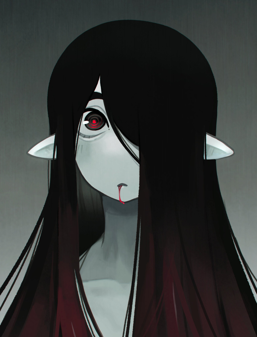1girl, absurdres, bangs, black_hair, blood, blood_from_mouth, collarbone, colored_skin, gradient_background, grey_background, grey_skin, highres, justadrian_(yoadriandk), licorice_(justadrian), long_hair, looking_at_viewer, open_mouth, original, pointy_ears, portrait, red_eyes, solo