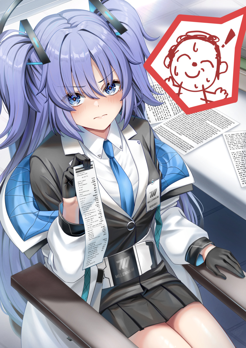 1girl, bangs, black_gloves, black_skirt, blue_archive, blue_eyes, blue_necktie, collared_shirt