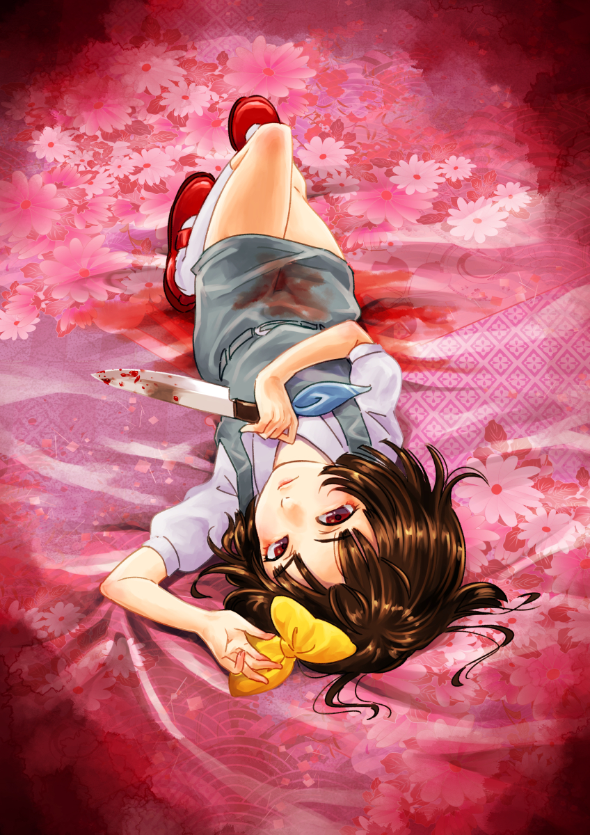 1girl, belt, blood, blood_on_clothes, blood_on_knife, bow, brown_hair, character_request, eyelashes, flower, gitadora, hair_bow, highres, holding, holding_knife, knife, lying, on_back, ouhashi_(yumenosukima), red_eyes, red_footwear, shirt, socks, white_shirt, white_socks, yellow_bow