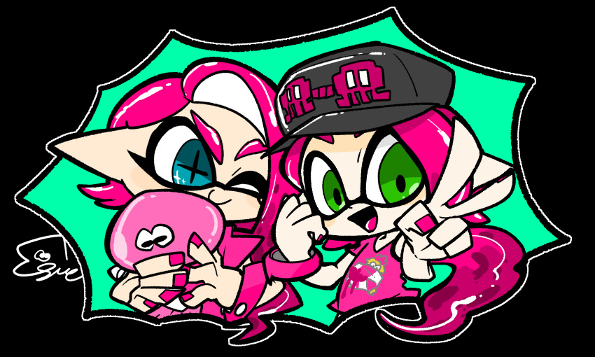 2girls, animal, baseball_cap, black_headwear, blue_eyes, cross-shaped_pupils, green_eyes, hat, highres, holding, holding_animal, inkling, multiple_girls, nail_polish, octoling, one_eye_closed, open_mouth, pink_hair, pink_nails, pink_shirt, pointy_ears, shirt, smile, splatoon_(series), splatoon_2, suyasuyasue, symbol-shaped_pupils, t-shirt, tentacle_hair, v, wristband