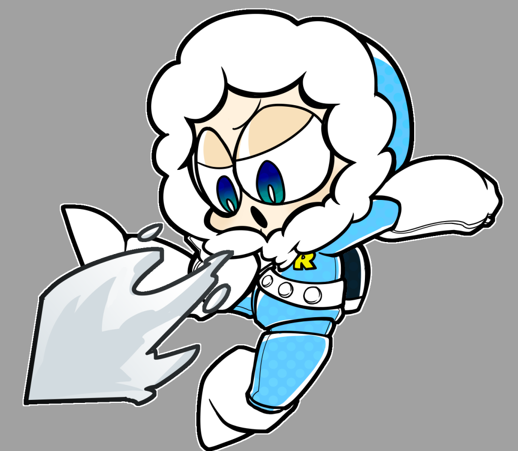 1boy, backpack, bag, blowing, blue_eyes, cold_man, gloves, grey_background, hood, ice, ice_man, mega_man_(classic), mega_man_(series), no_nose, open_mouth, parka, robot, solo, suyasuyasue, white_footwear, white_gloves